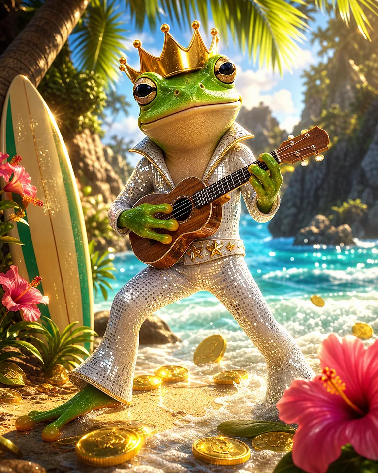 Okładka slotu Aloha King Elvis z plażą i ukulele