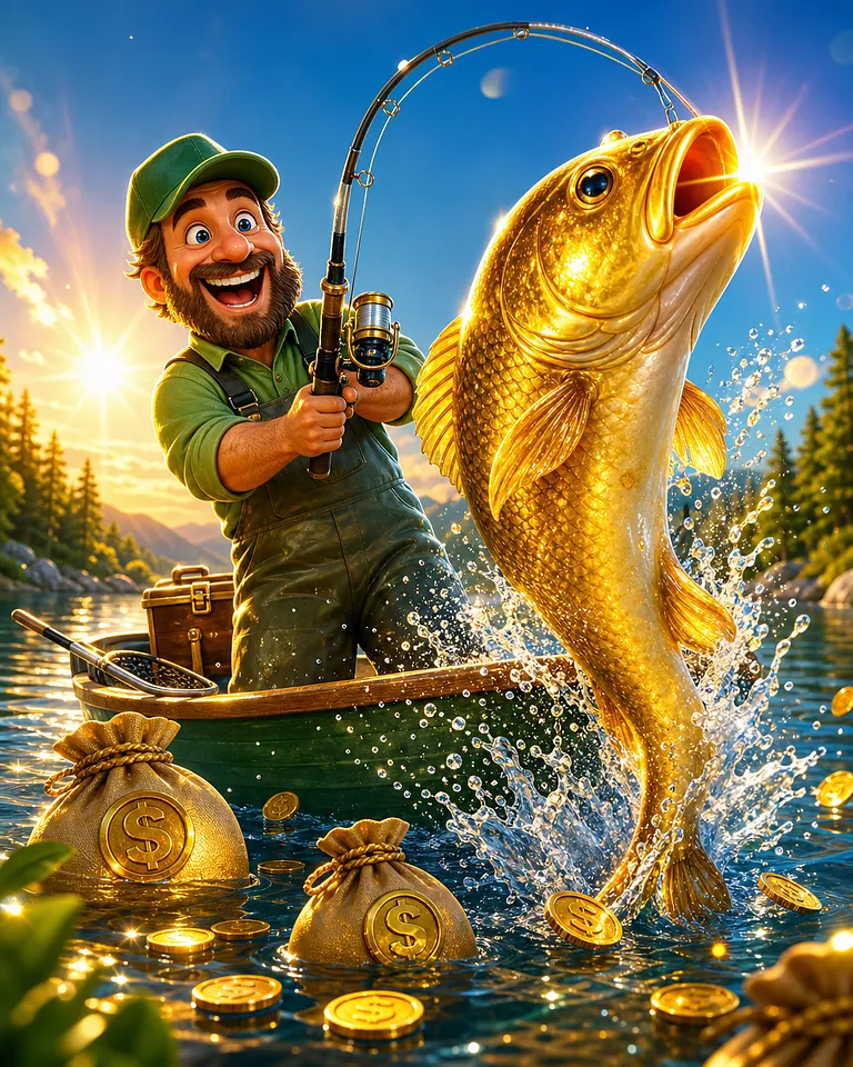 Okładka slotu Big Bass Bonanza z wędkarzem i złotą rybą
