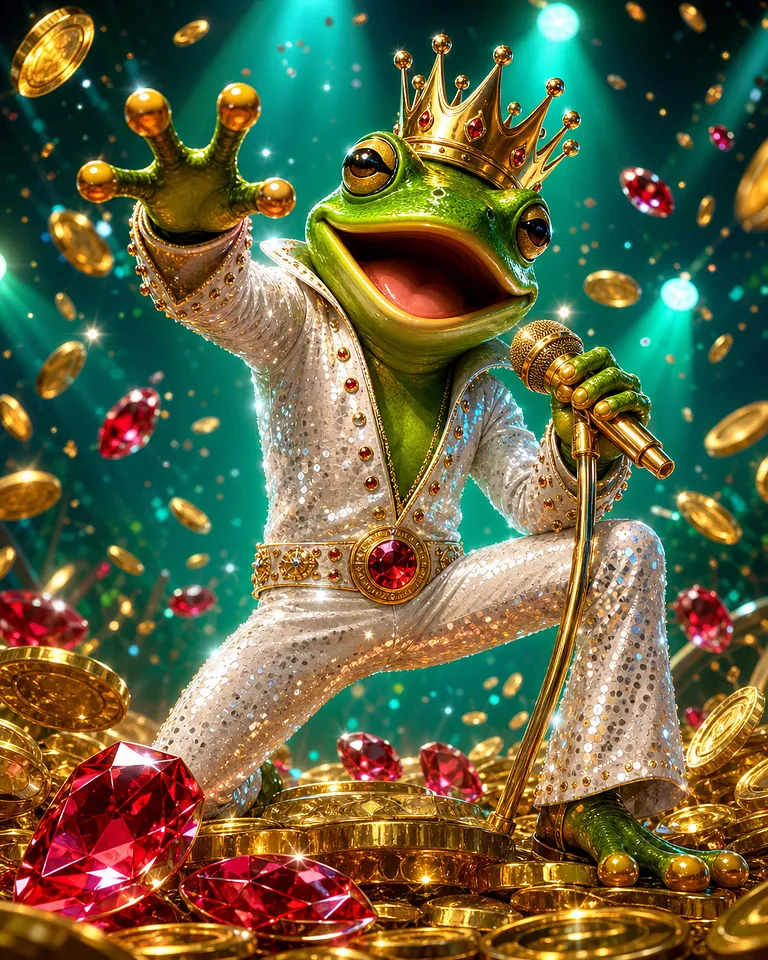Okładka slotu Elvis Frog in Vegas ze śpiewającą żabą w Las Vegas