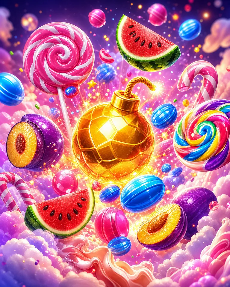 Okładka slotu Sweet Bonanza ze słodyczami i kolorowymi owocami