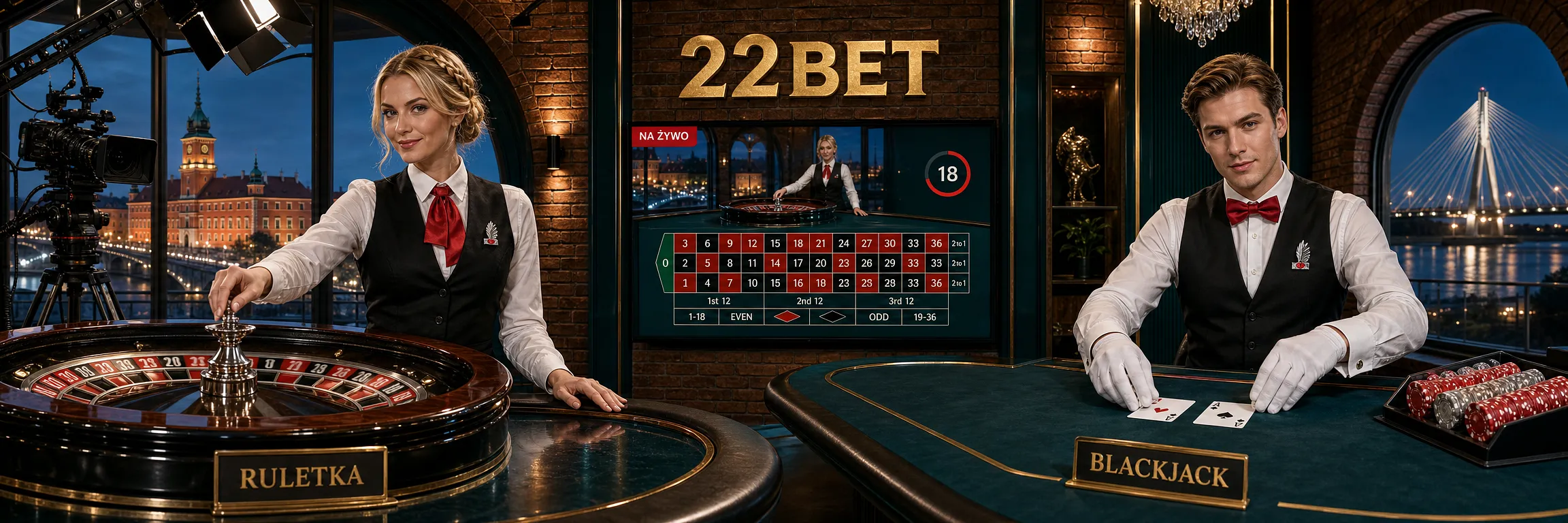Studio kasyna na żywo 22Bet z krupierem, kołem ruletki i stołem karcianym
