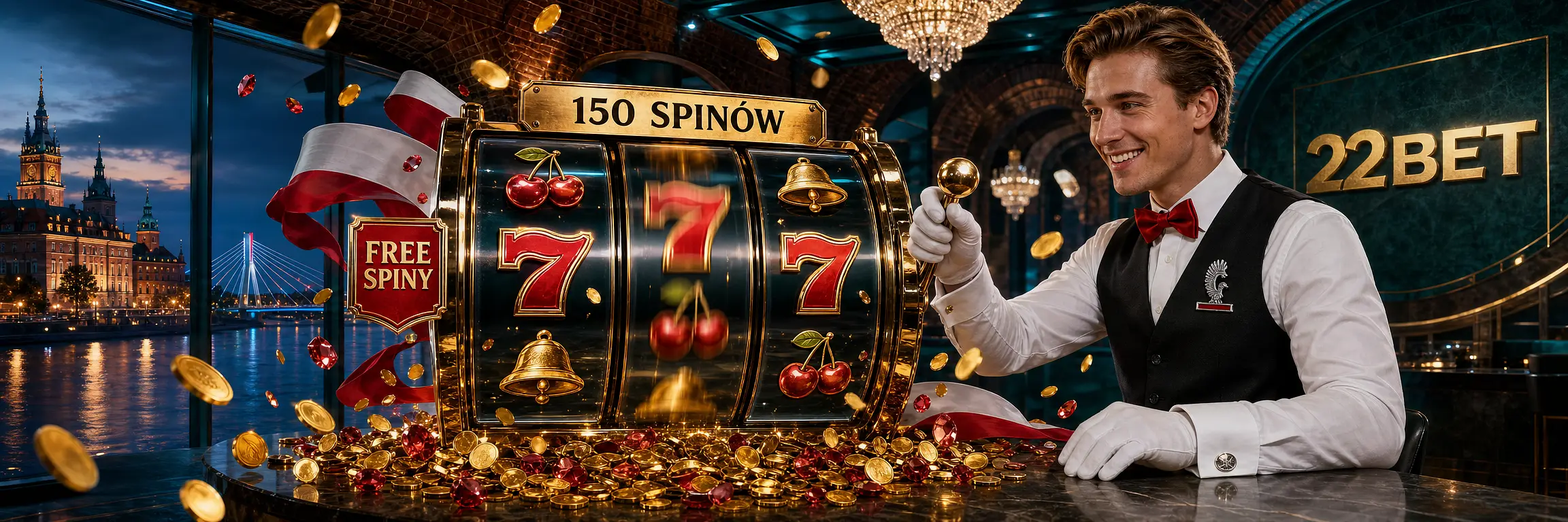 150 darmowych spinów w 22Bet z bębnami slotów i złotymi monetami